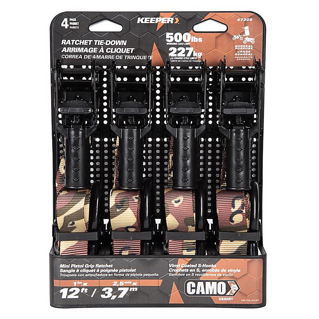 Keeper 47305 1 in. W x 12 ft. L Camo Tie Down w/Ratchet 500 lb. 4/Pack