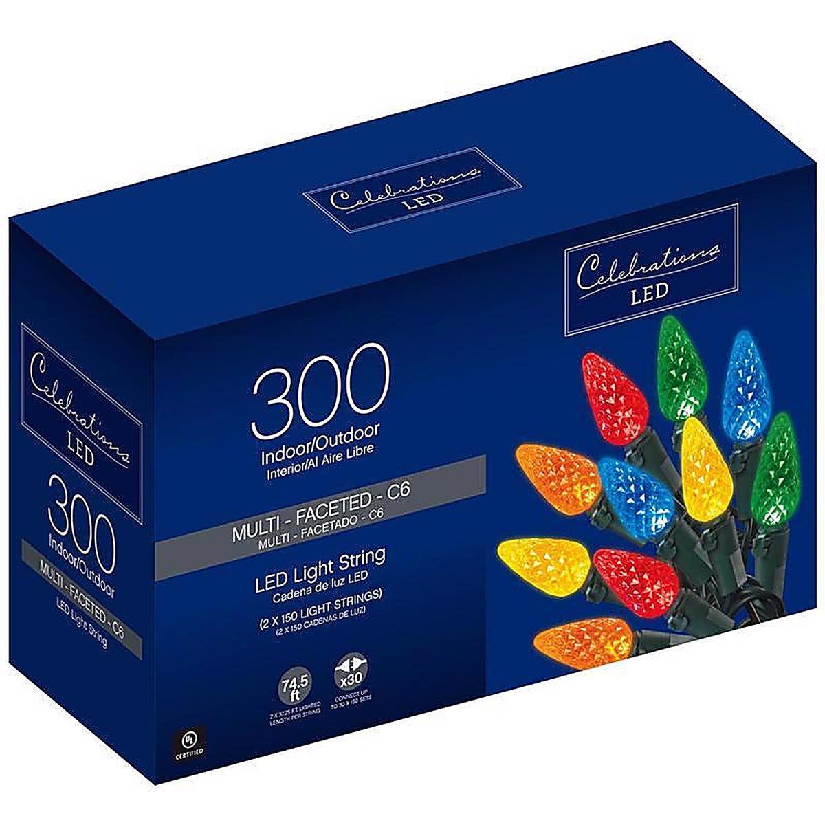 Celebrations 47986-71 LED C6 Multi-color 300 count String Christmas Lights 74.5 ft.