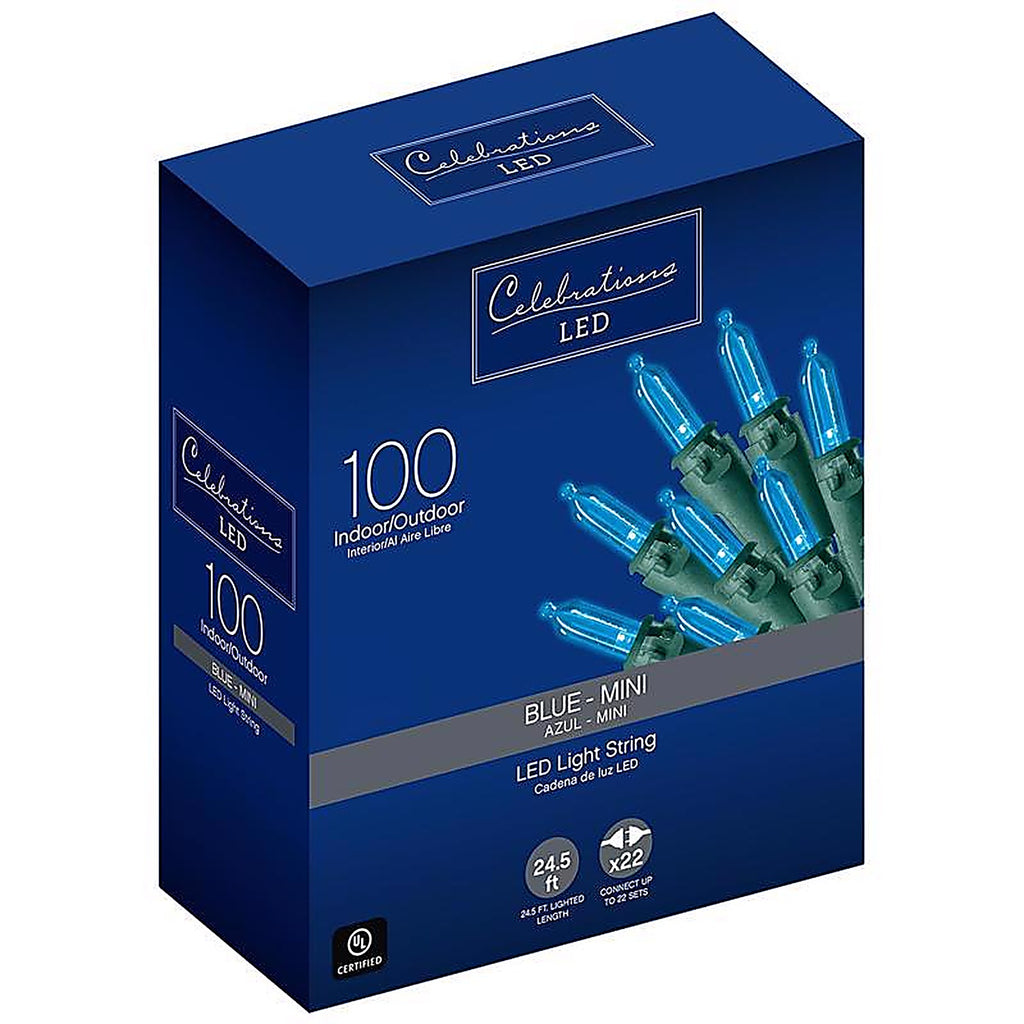 Celebrations 40844-71 LED Mini Blue 100 count String Christmas Lights 24.75 ft.