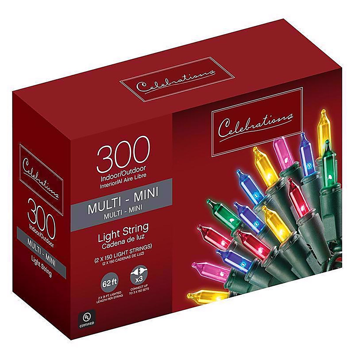 Celebrations 48151-71 Incandescent Mini Multi-color 300 count String Christmas Lights 62 ft.