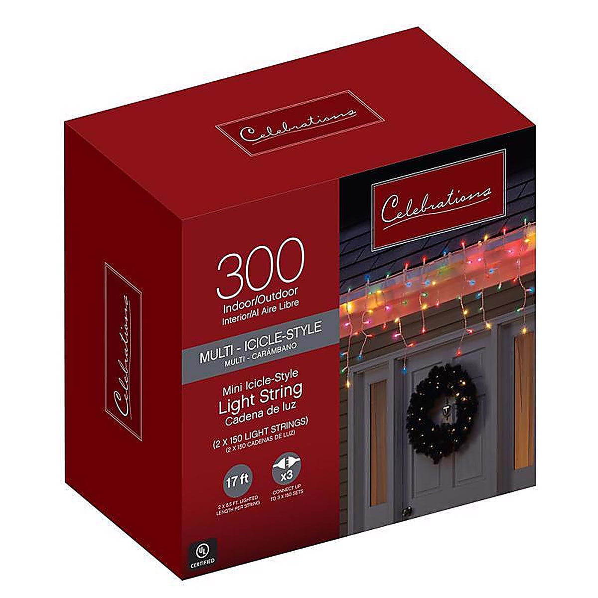 Celebrations 14089-71 Incandescent Mini Multi-color 300 count Icicle Christmas Lights 17 ft.