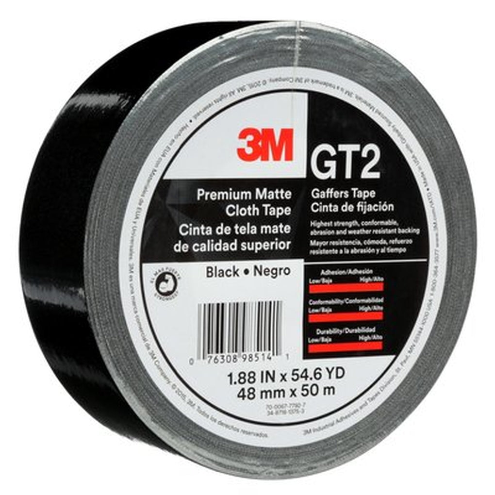 3M 98514 Premium Matte Cloth (Gaffers) Tape GT2 Black, 48 mm x 50 m 11 mil 70006777927