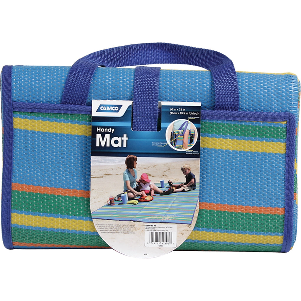 Camco 42805 Handy Mat w/Strap Blue/Green Stripes 60In x 78In