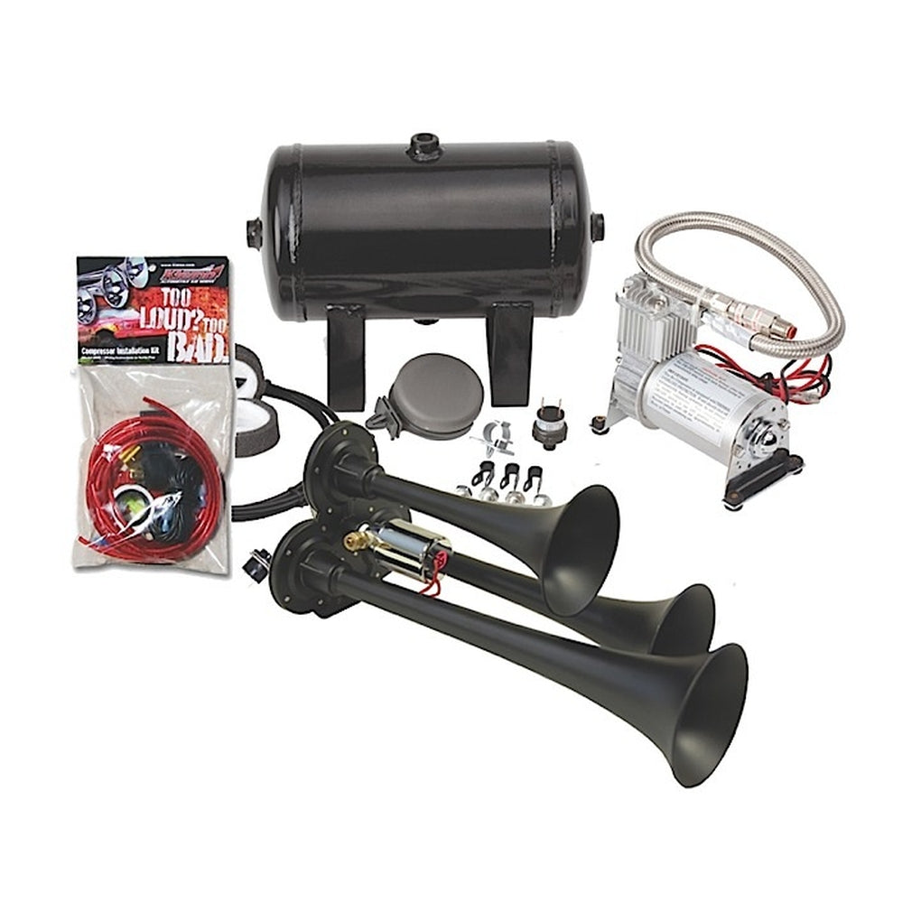 Kleinn HK3-1 Complete Triple Air Horn Package With Black Xcr 2.0 Coating and 130 Psi SeaLED A