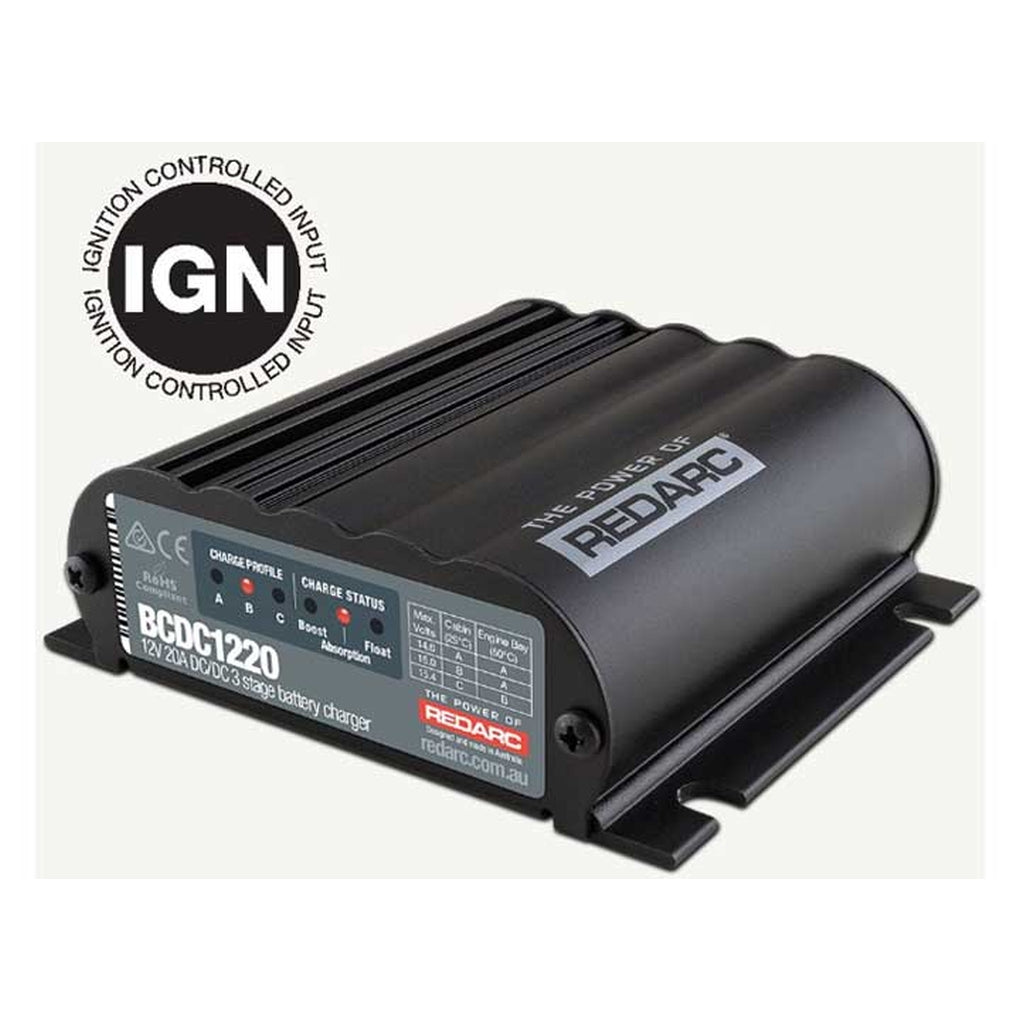 Redarc BCDC1220-IGN 12V 20A Smart Start DC/DC 3 Stage Battery Charger Ign Ctrl No Solar