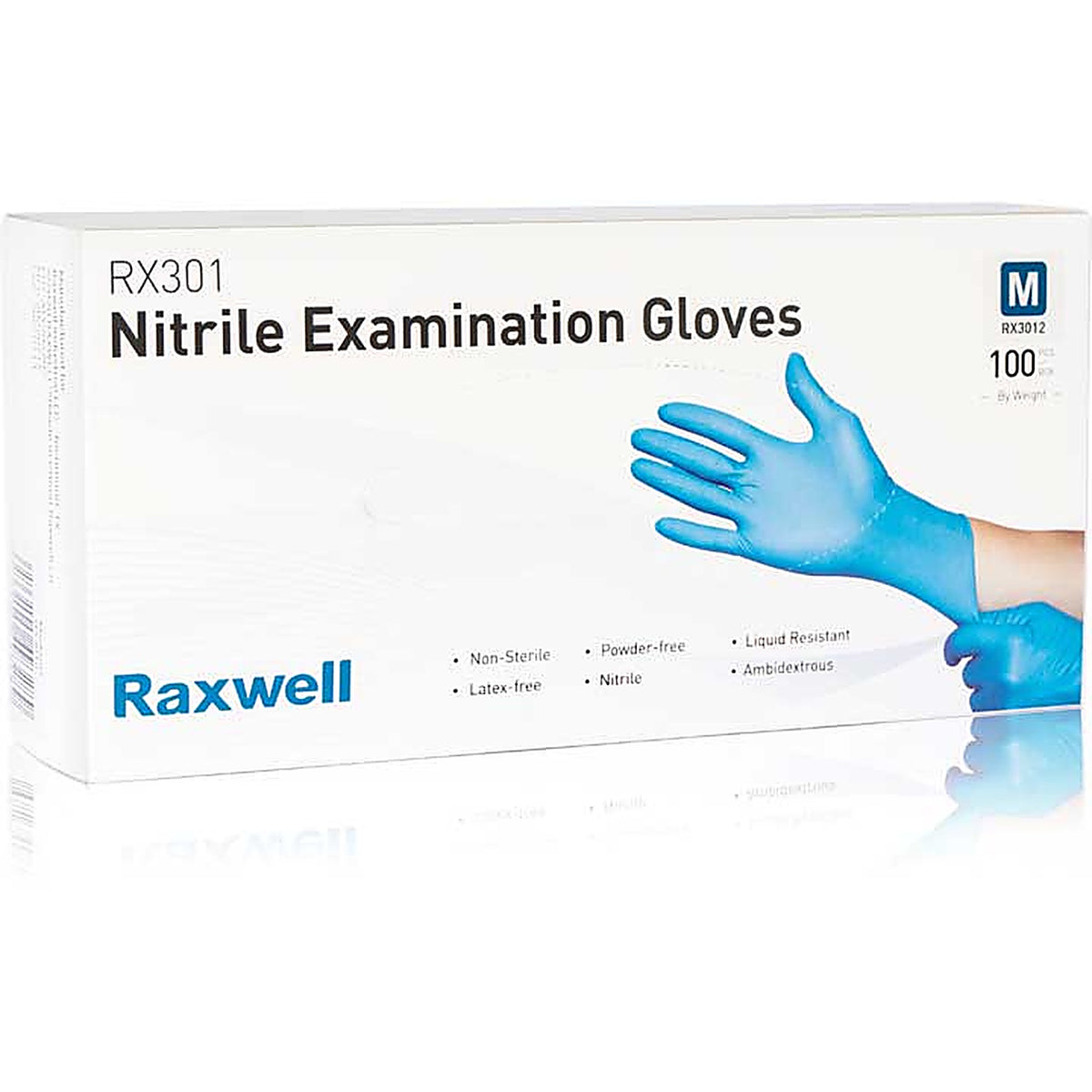 Raxwell - RW3012 - Rx 301 Disposable, 4 Mil, Blue Nitrile Gloves-100/Bx-Size M