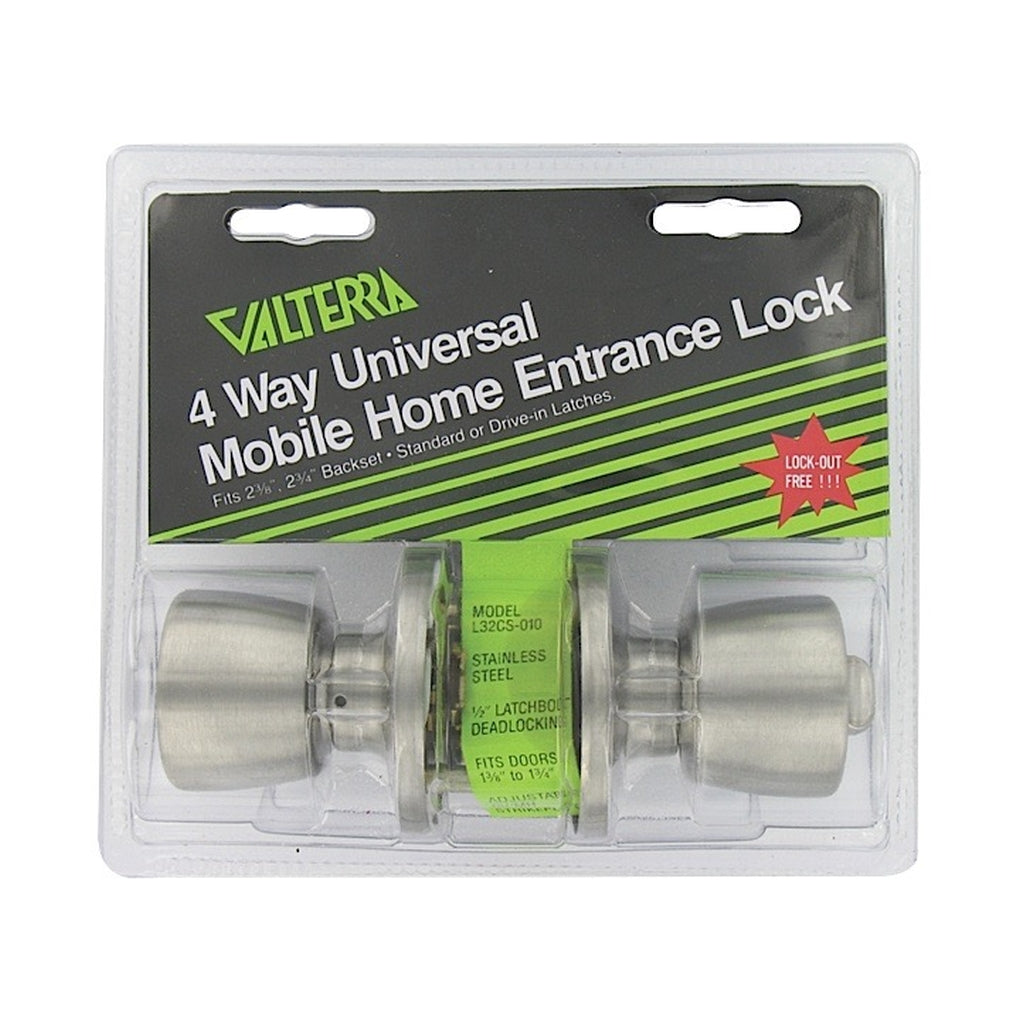 Valterra L32CS010 Door Lock Entrance 4Way Universal Knob X Knob SS Clam Shell
